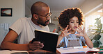 Father, boy and tablet for homework, learning and helping hand for counting, guide or solution in family house. African man, child and app for math with support, notebook and education at apartment