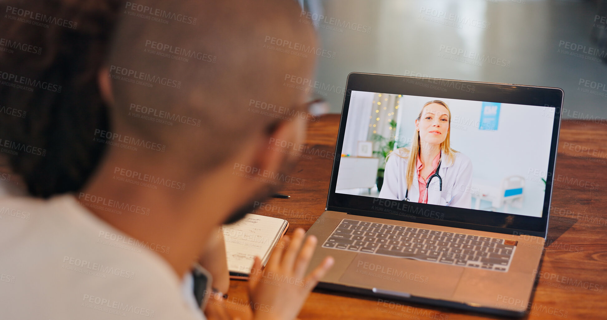 Buy stock photo Black man, kid and laptop screen with doctor for telehealth service, communication and support. Home, child and father with pediatrician on tech for medical advice, discussion or virtual consultation