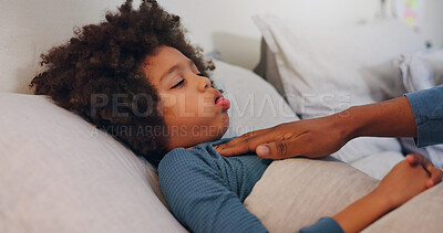 Buy stock photo Sick, boy and parent in home, coughing and hand on chest of child, bedroom and kid with virus of flu. House, fever and youth in pain, bed and support with love of father, childcare and monitoring