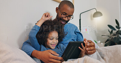 Buy stock photo Gaming, tablet or winner with father and son on sofa in living room of home for child development. Celebration, distance learning or streaming tech with single parent man and boy kid in apartment