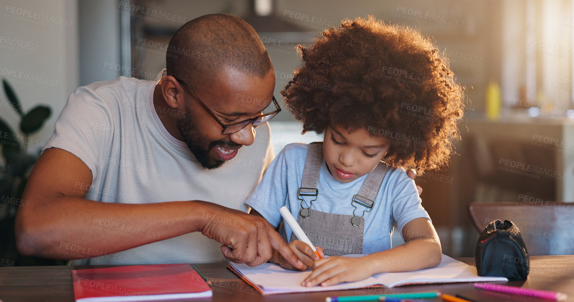 Buy stock photo Father, boy and notebook for writing, learning or helping hand for advice with problem solving in family home. African man, child and education for development, math or check at apartment in New York