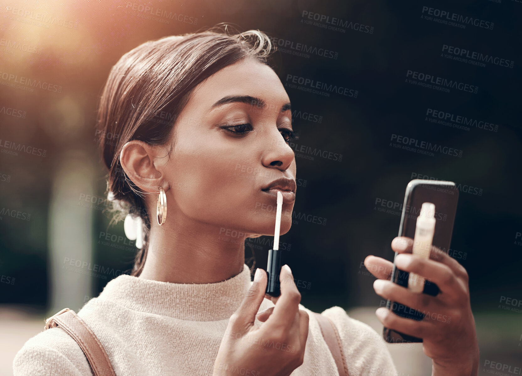 Buy stock photo Business woman, outdoor and applying lip gloss for cosmetics, beauty and moisture with mobile phone. Female person, product and makeup for social media network, vlog or post as online content creator