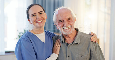 Buy stock photo Portrait, senior man and nurse with hug, caring and medical assistance for patient in retirement. Nursing home, old person and caregiver for support, embrace and trust with happiness for bonding