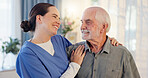 Embrace, senior man and nurse with hug, caring and medical assistance for patient in retirement. Nursing home, old person and caregiver for support, recovery and trust with happiness for bonding