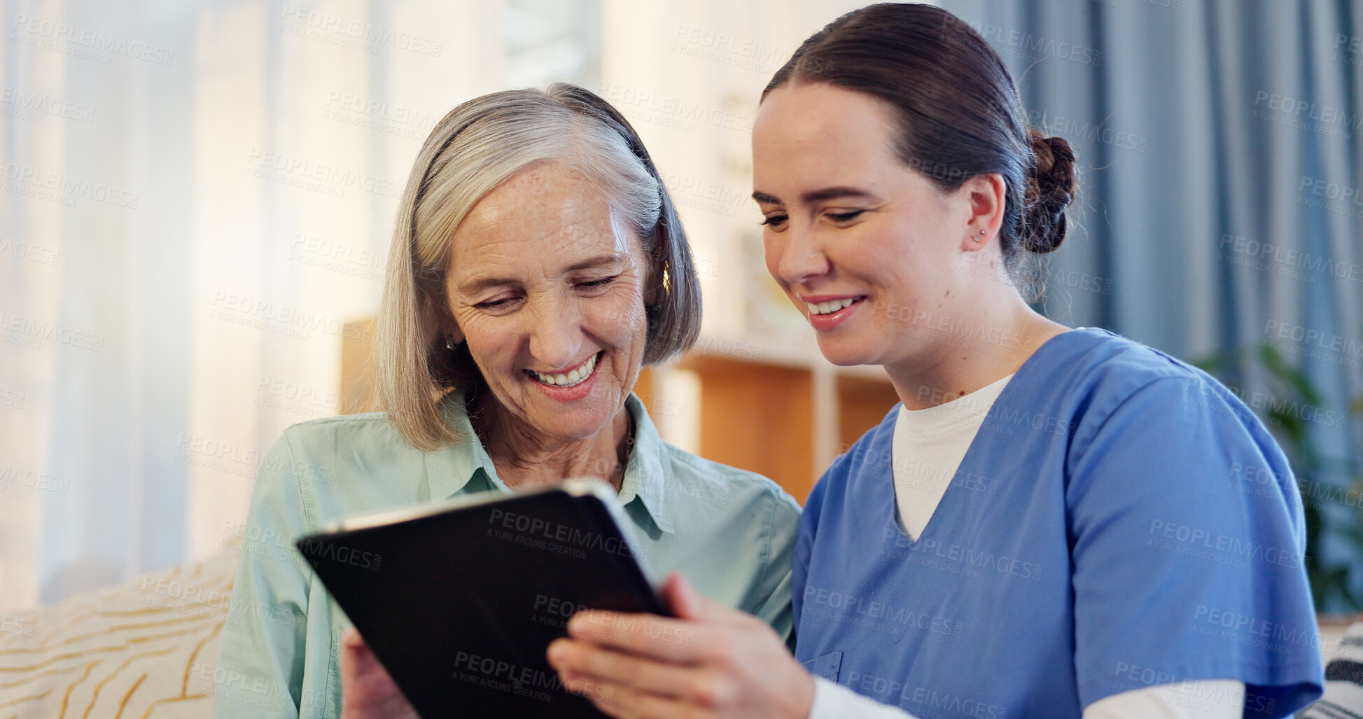 Buy stock photo Tablet, nurse and senior woman with smile on couch for results and healthcare in home. Consultation, caregiver and technology in living room for retirement, internet or online app for medical support