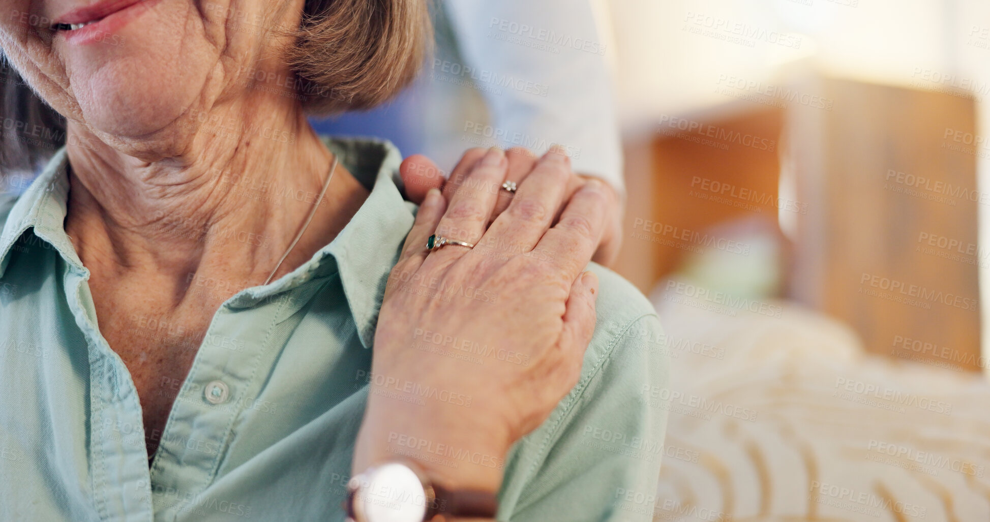 Buy stock photo Woman, nursing home and empathy with trust for advice or healthcare, hand or assistance for retirement. People, helping others and nurse with support for patient with problem, counselling in clinic