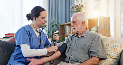 Buy stock photo Nurse, senior man and test for blood pressure, heart beat and monitor wellness for hypertension. Home, old patient and caregiver with medical examine, cardiology and stethoscope on sofa in lounge