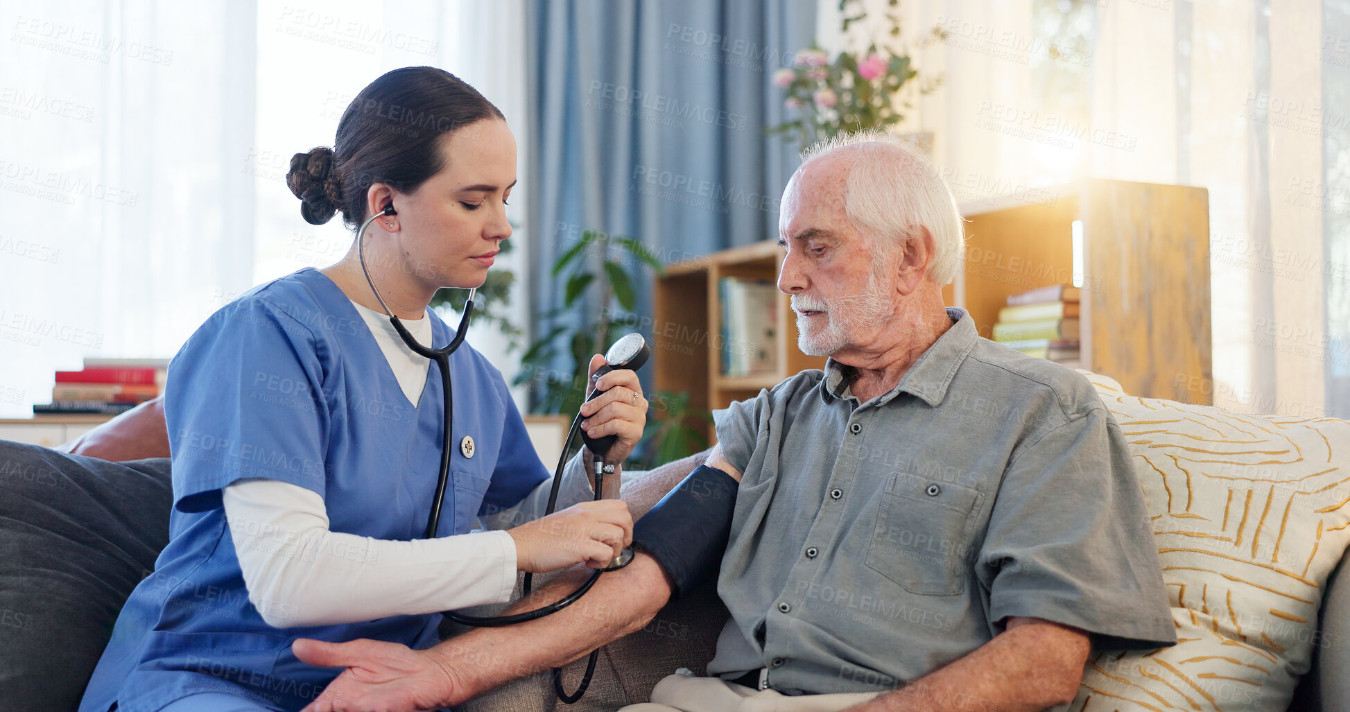 Buy stock photo Nurse, senior man and test for blood pressure, heart beat and monitor wellness for hypertension. Home, old patient and caregiver with medical examine, cardiology and stethoscope on sofa in lounge