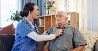 Buy stock photo Senior man, nurse and stethoscope for lung checkup with healthcare, retirement and wellness in nursing home. Elderly patient, caregiver and listening to breathing for infection, illness or pneumonia