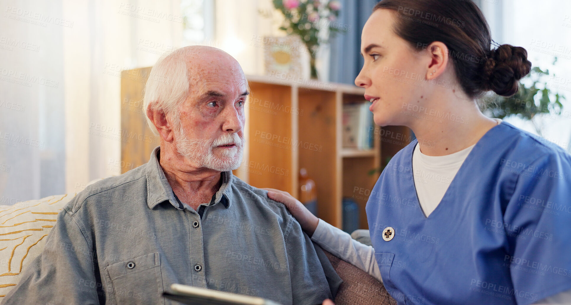 Buy stock photo Nurse, mature man and discussion with support, empathy and healthcare for retirement. Patient, caregiver and pensioner in nursing home, rehabilitation or tablet for medical consulting and service