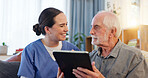 Consultation, nurse and senior man with tablet on couch for results and healthcare in home. Happy, caregiver and technology in living room for retirement, internet or online app for medical support