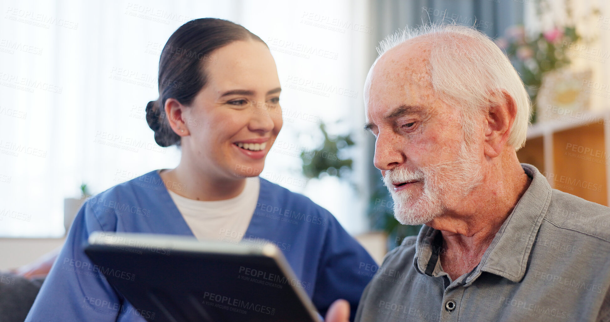 Buy stock photo Discussion, nurse and elderly man with tablet on couch for results and healthcare in home. Happy, caregiver and technology in living room for consultation, internet and online app for medical support