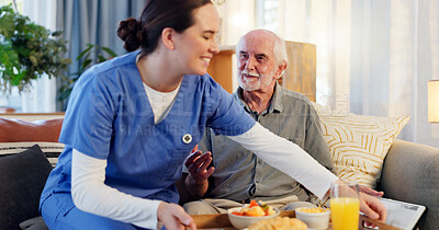 Buy stock photo Breakfast, nurse and senior man in nursing home for elderly care, nutrition and support. Retired male person, caregiver and service for hungry patient in assisted living, healthcare and wellness