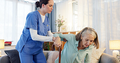 Buy stock photo Nurse, mature woman and help with cane, support and healthcare for retirement. Patient, caregiver and pensioner with disability in nursing home, rehabilitation or care for medical consulting service