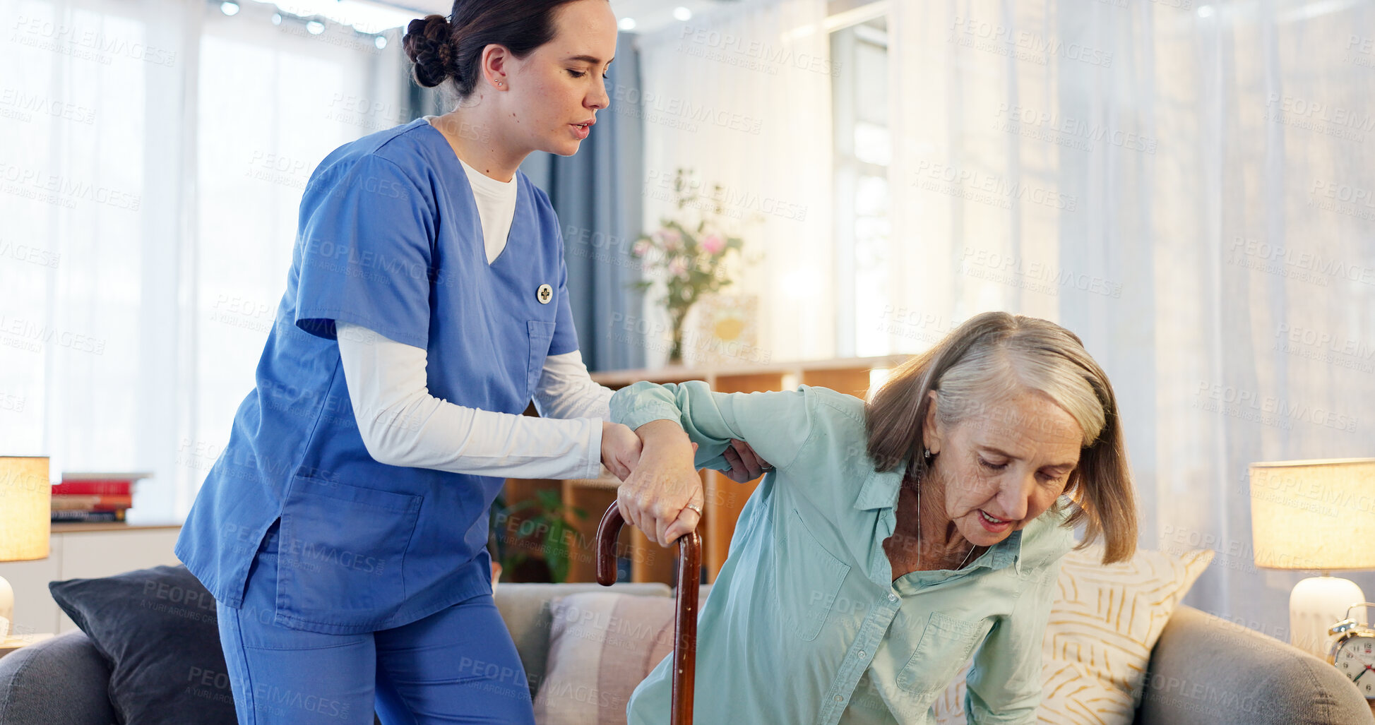 Buy stock photo Nurse, mature woman and help with cane, support and healthcare for retirement. Patient, caregiver and pensioner with disability in nursing home, rehabilitation or care for medical consulting service