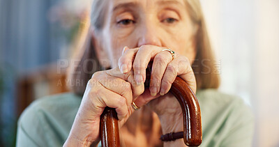 Buy stock photo Walking stick, thinking and senior woman with disability in home, arthritis and depressed in retirement. House, elderly lady and worry with wooden cane for balance, vertigo disease and osteoporosis