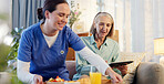 Breakfast, nurse and senior woman in nursing home for elderly care, nutrition and support. Retired female person, caregiver and service for hungry patient in assisted living, healthcare and wellness