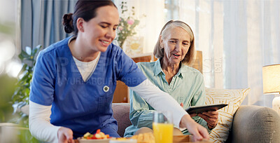 Buy stock photo Breakfast, nurse and senior woman in nursing home for elderly care, nutrition and support. Retired female person, caregiver and service for hungry patient in assisted living, healthcare and wellness