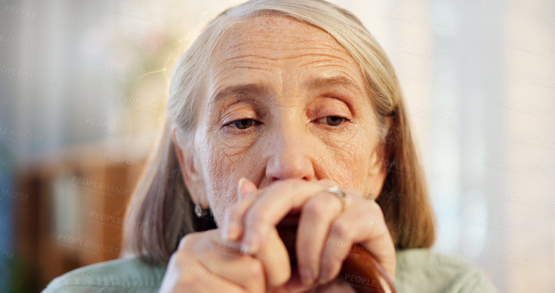 Buy stock photo Walking stick, thought and senior woman with disability in home, arthritis and depressed in retirement. House, elderly lady and thinking with wooden cane for balance, vertigo disease and osteoporosis