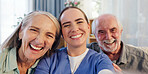 Happy woman, nurse and mature people in selfie for photography, elderly care or retirement in senior home. Medical doctor, caregiver and smile with mature couple for picture, photograph or memory