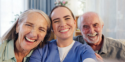 Buy stock photo Happy woman, nurse and mature people in selfie for photography, elderly care or retirement in senior home. Medical doctor, caregiver and smile with face of couple for picture, photograph or memory