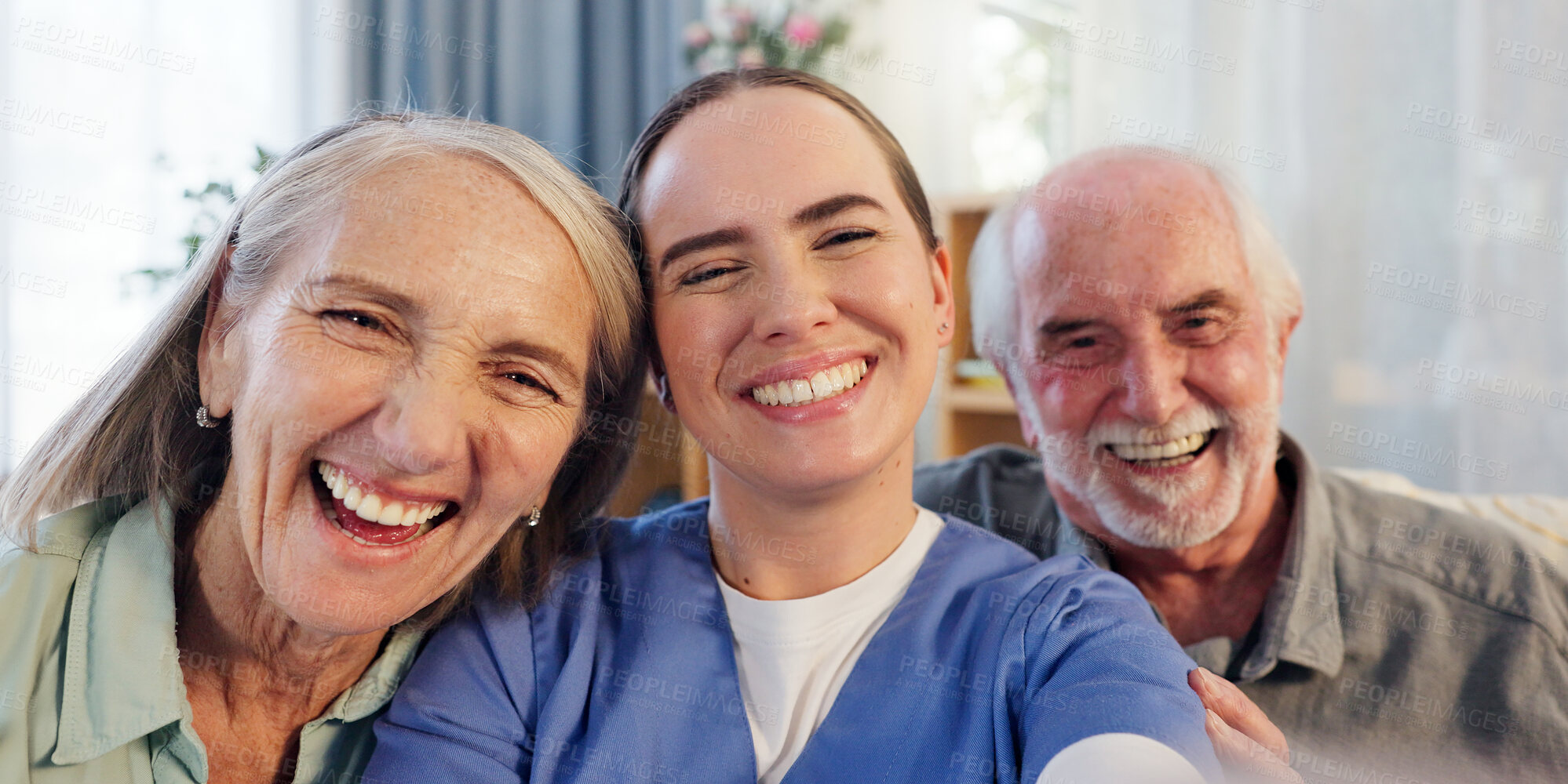 Buy stock photo Happy woman, nurse and mature people in selfie for photography, elderly care or retirement in senior home. Medical doctor, caregiver and smile with face of couple for picture, photograph or memory