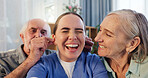 Happy woman, doctor and senior people in selfie for photography, elderly care or retirement in home. Medical nurse or caregiver smile with mature couple for goofy picture, photograph or memory