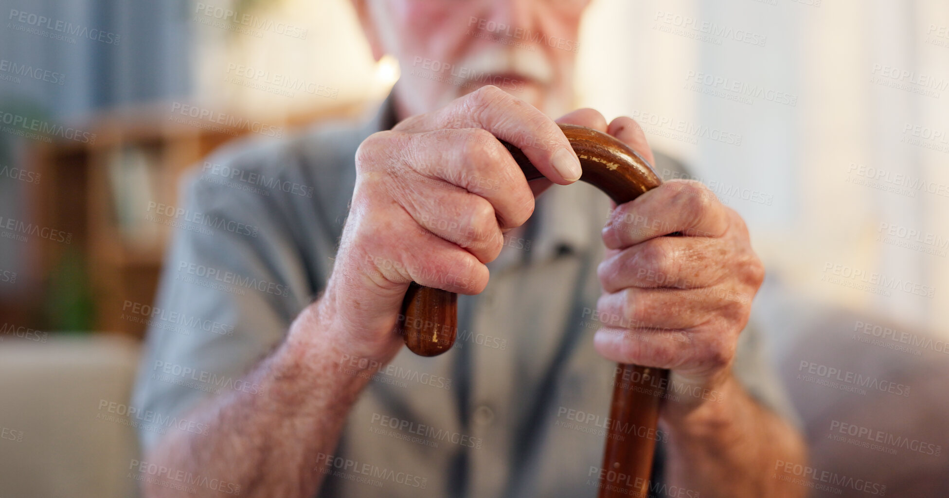 Buy stock photo Retirement, senior man and thinking with cane in old age home for memories, nostalgic and retired. Elderly care, pensioner and thoughts or serious with walking stick for support, wellness and trust