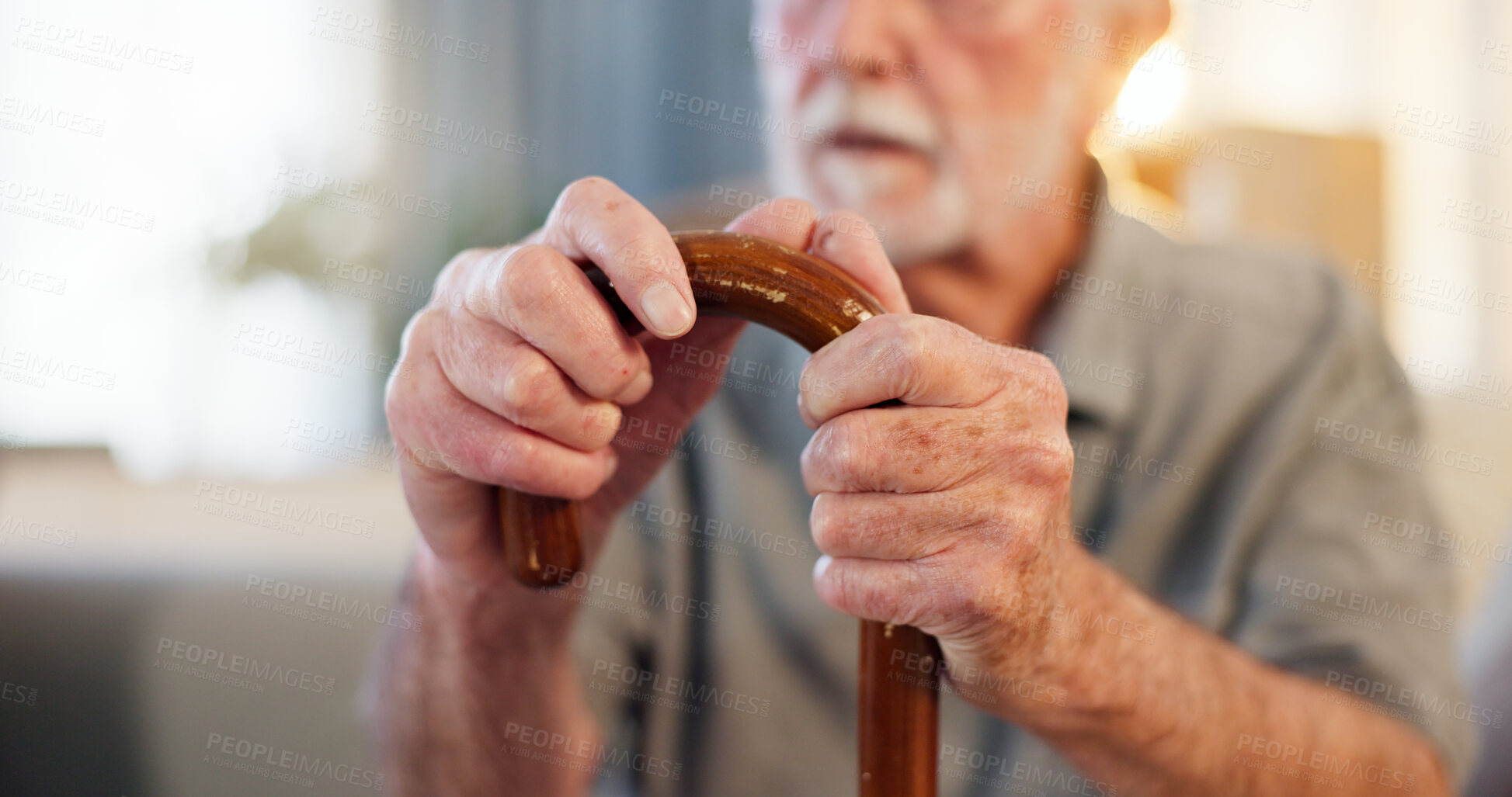 Buy stock photo Retirement, senior man and thinking with walking stick in old age home for memory, nostalgic and retired. Elderly care, pensioner and thoughts or serious with cane for support, wellness and remember