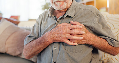 Buy stock photo Old man, home and hands on chest for heart attack, pain and hypertension stress or lung fail. Elderly person, medical issue and cardiovascular disease or artery pressure, asthma and cardiac arrest