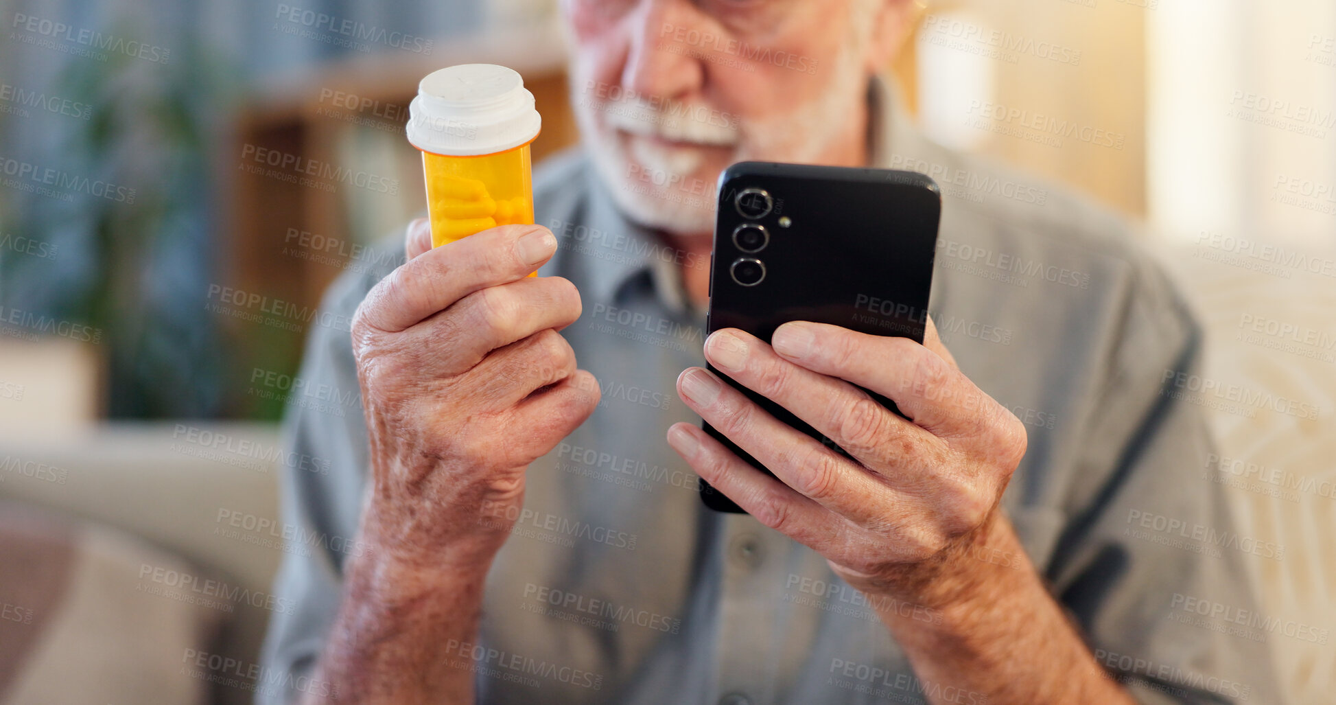 Buy stock photo Pills, hands and elderly man with phone for healthcare website, information and research on medicine. Retirement home, telehealth and person with bottle for side effects, dosage or label instructions