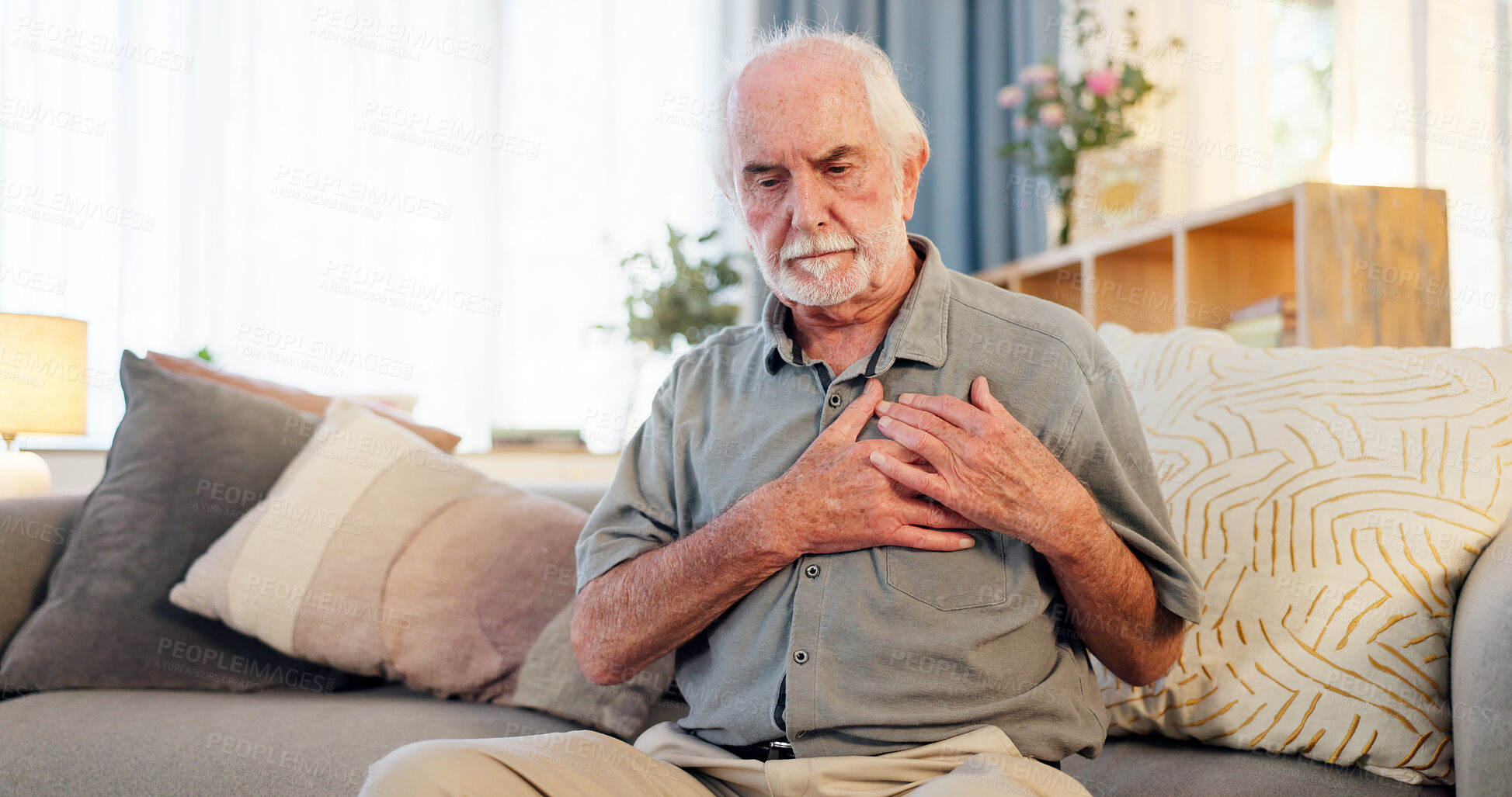 Buy stock photo Old man, home and chest for heart attack or angina, pain and hypertension stress or lung fail. Elderly person, medical issue and cardiovascular disease or artery pressure, asthma and cardiac arrest