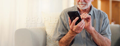 Buy stock photo Hands, phone and space with senior man on sofa in living room of retirement home for communication. Connection, mobile and internet with elderly person checking app for bank, health or pension