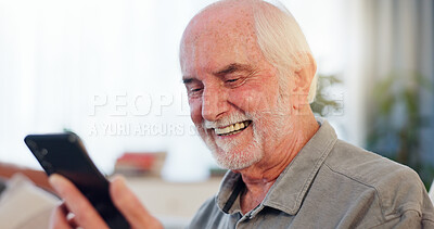 Buy stock photo Senior man, retirement home and excited with smartphone for online gambling with rewards and winning. Sofa, living room and smile or happy for website or mobile app for games, social media and memes