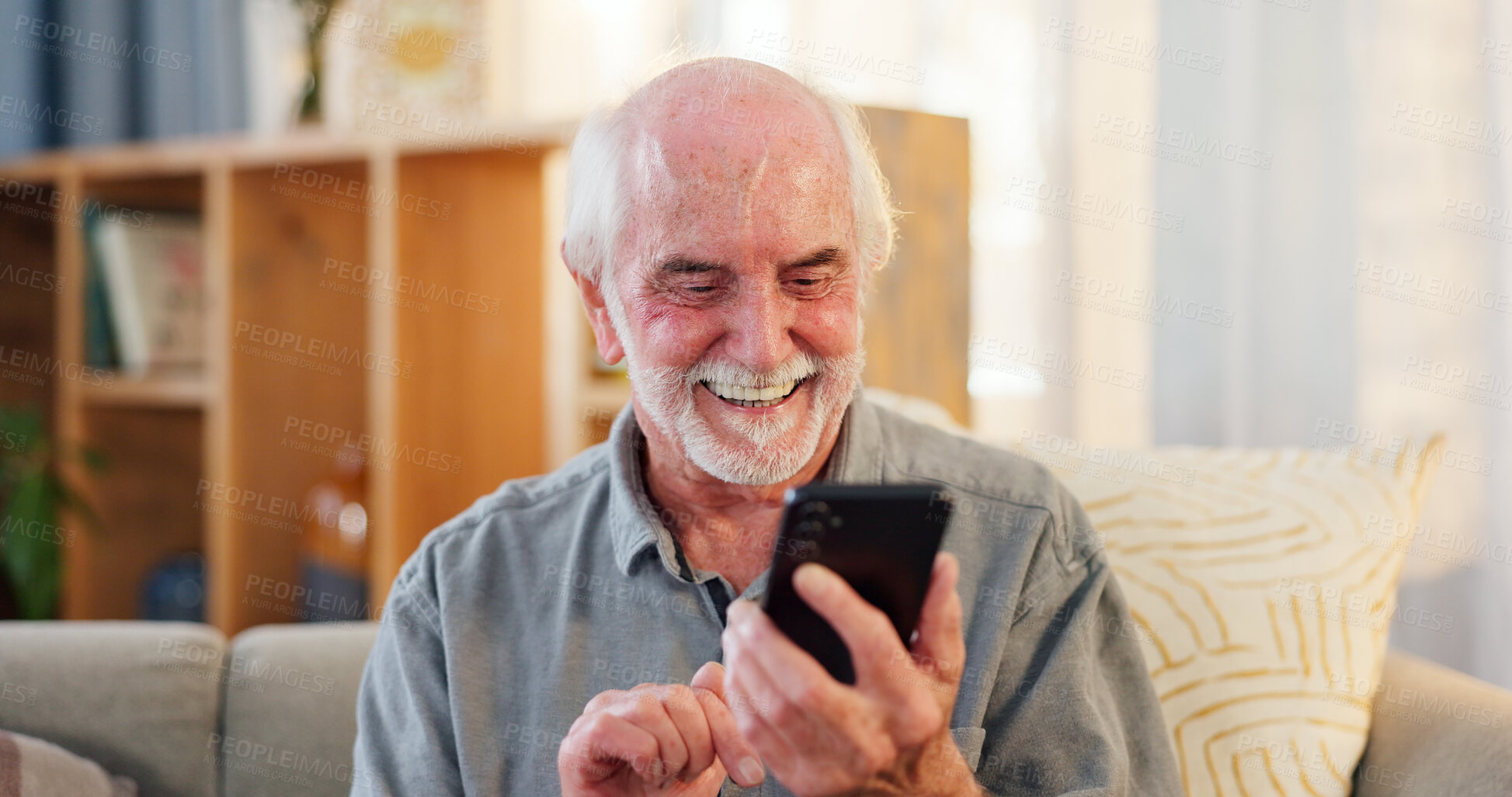 Buy stock photo Senior man, home and happy with smartphone for online gambling with rewards and winning. Sofa, living room and smile or excited for website or mobile app for games, social media and pension funds