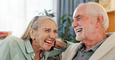 Buy stock photo Senior couple, sofa and laughing together for funny memory, silly story and retirement in nursing home. Elderly man, woman and laugh for bonding, support and love relationship with happiness on couch