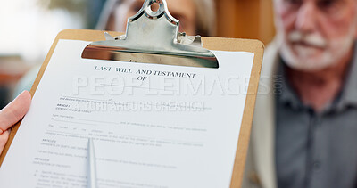 Buy stock photo Will, retirement and document for old man, home and listening to reading of inheritance and planning. House, closeup and paperwork with lawyer, contractor and legal for assets of elderly person