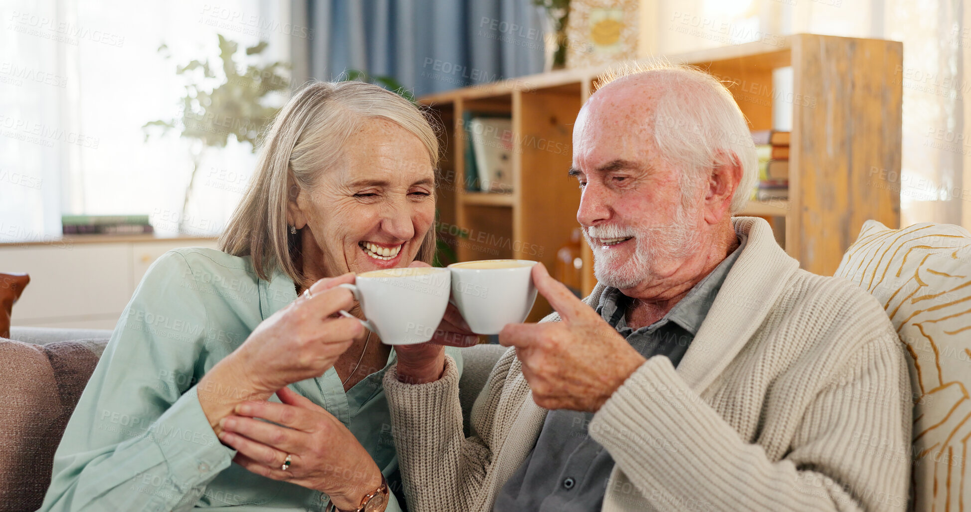 Buy stock photo Senior couple, home and coffee with toast to retirement with happiness, relax with tea for marriage. Elderly couple, together and cheers in house with espresso for wellness, smile or celebrate