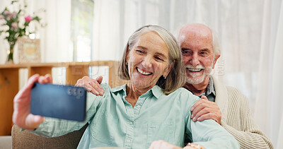 Buy stock photo Senior, man and woman with selfie in house for profile picture, video call on social media for retirement. Elderly, happy couple and together in house for face photography, smile for digital memory