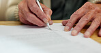 Sign, retirement and will for old man, home and agreement of inheritance and planning. House, closeup and paperwork with lawyer, decision and legal for assets of elderly person with pen for property