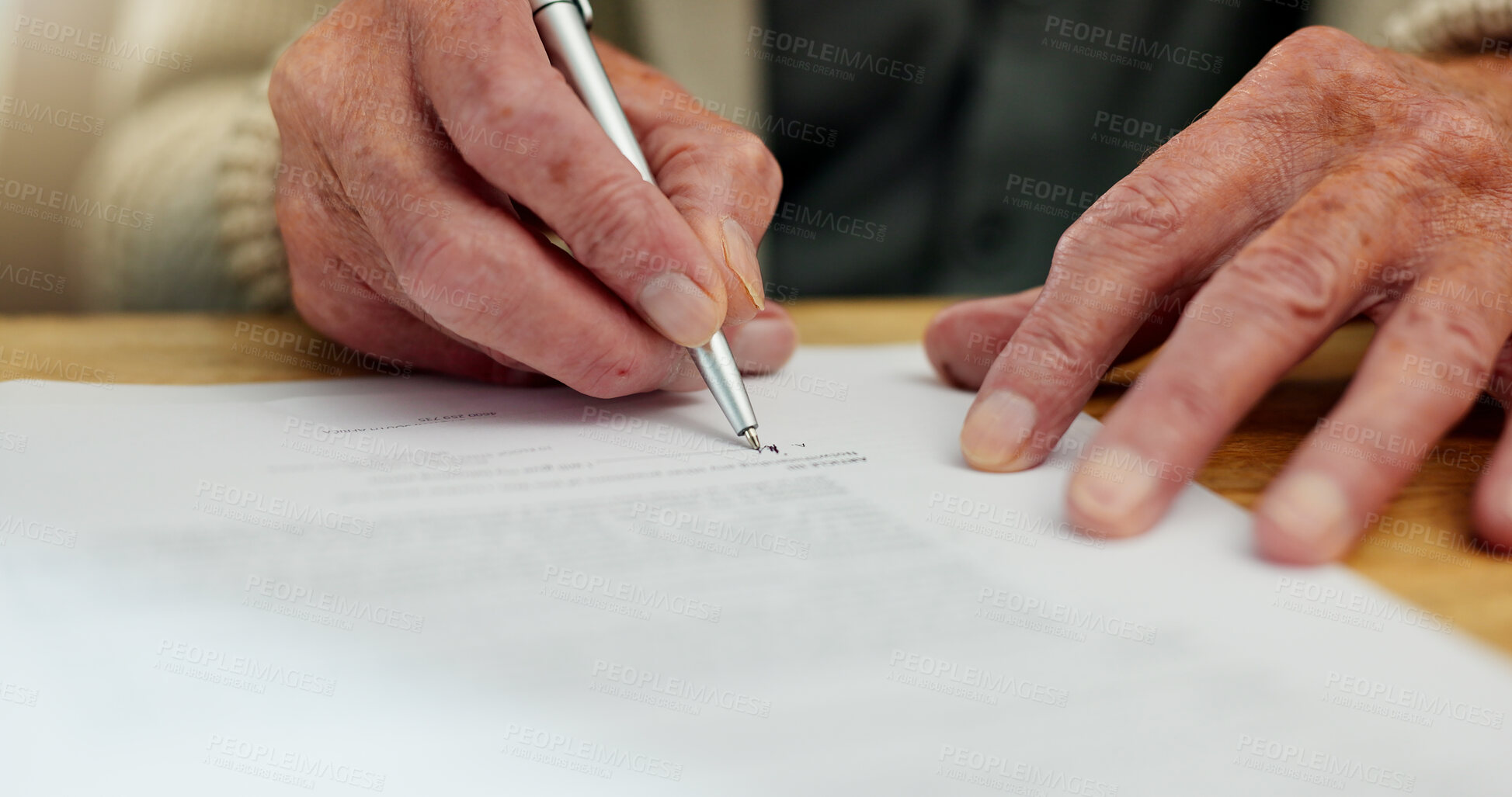 Buy stock photo Sign, retirement and will for old man, home and agreement of inheritance and planning. House, closeup and paperwork with lawyer, decision and legal for assets of elderly person with pen for property