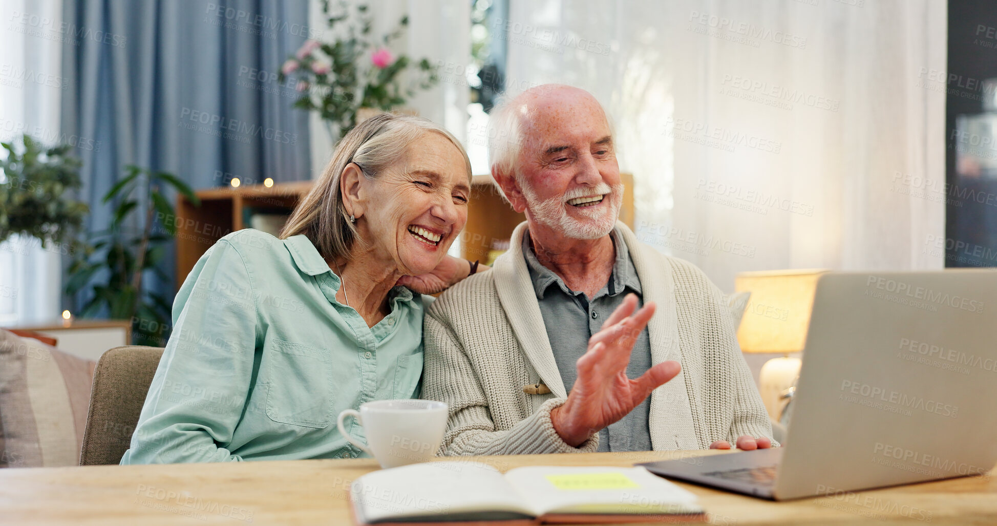 Buy stock photo Home, happy and elderly couple with wave by laptop for video call, communication and greeting. Man, woman and smile with hello gesture by tech for telehealth, consultation or health insurance support