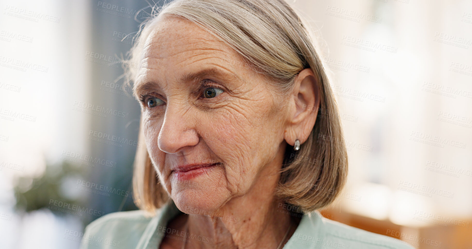 Buy stock photo Old woman, thinking and relax in home, reflection and remember past life or memory in retirement. Female person, nostalgia and wondering in lounge, imagine future and contemplate choice or decision