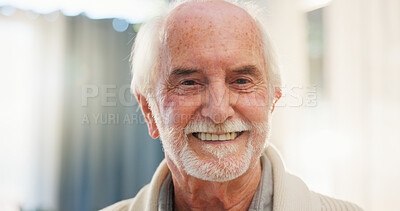 Buy stock photo Happy, elderly man and portrait in home for retirement, relax and pride for healthcare or wellness. Smile, senior male person and good news or memory in living room for pension and life insurance