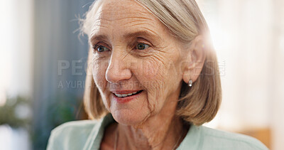 Buy stock photo Old woman, thinking and peace in home, reflection and remember past life or memory in retirement. Female person, nostalgia and wondering in lounge, imagine future and contemplate choice or decision