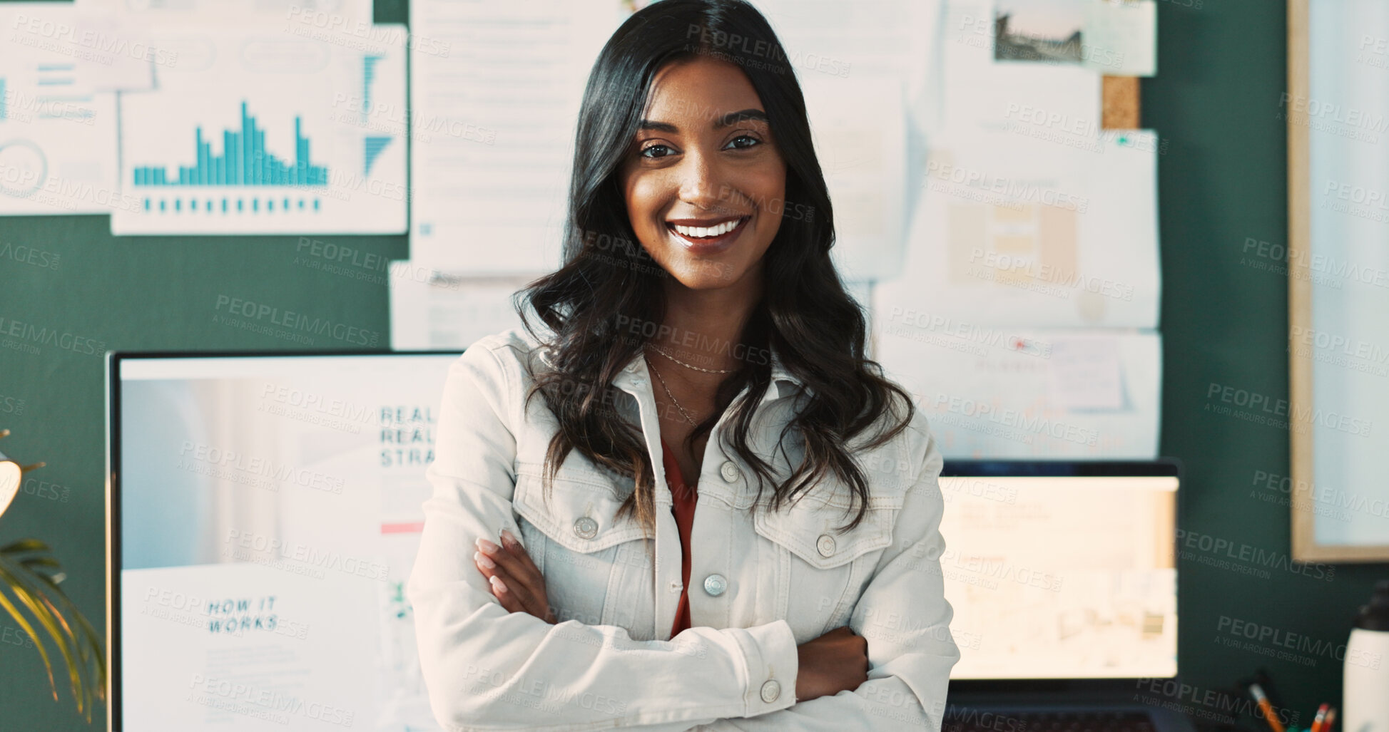 Buy stock photo Portrait, business and Indian woman with arms crossed, smile and confidence in modern office. Data, graphs and face of happy financial analyst with career ambition, stats and infographic paperwork