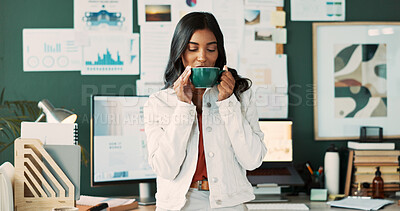 Buy stock photo Drink, business and Indian woman with coffee, confidence or finance career in modern office on break. Relax, graphs and calm financial analyst with tea beverage, growth stats or infographic report