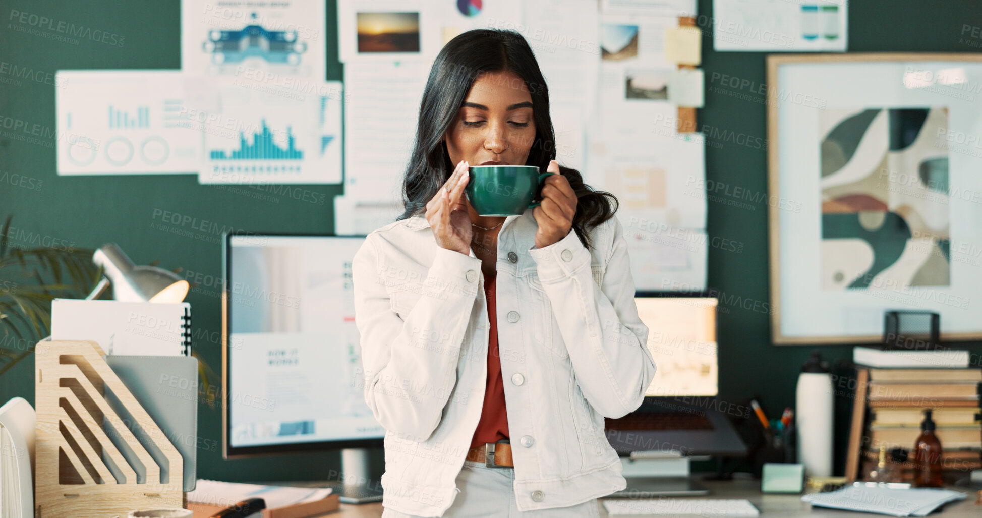 Buy stock photo Drink, business and Indian woman with coffee, confidence or finance career in modern office on break. Relax, graphs and calm financial analyst with tea beverage, growth stats or infographic report