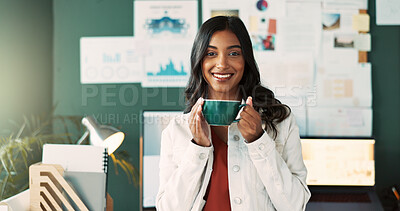 Buy stock photo Portrait, business or Indian woman drinking coffee with smile, confidence or creative career on break. Happy, graphs or product testing analyst with project results, landscape stats or tea beverage