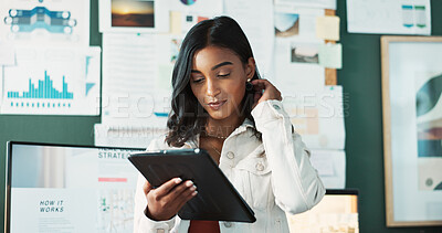 Buy stock photo Thinking, woman and tablet in office at house for finance portfolio, reading report and accounting growth of company. Female person, digital and problem solving of investment, project and budget plan